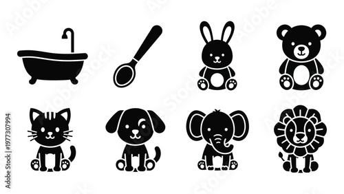 A collection of black silhouette icons depicts various baby items and adorable animal characters in a simple style high quality professional
