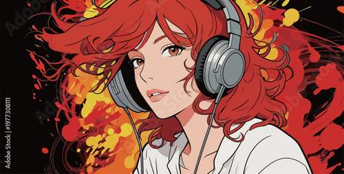 Anime Girl with Red Hair Wearing Headphones