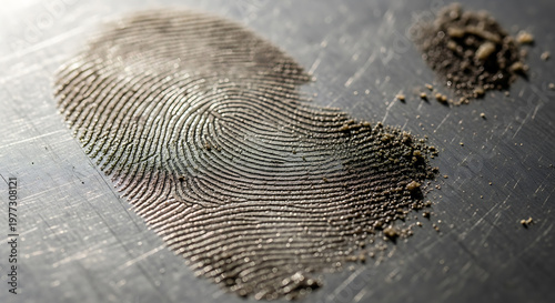 A close-up macro photograph captures a detailed fingerprint dusted with fine particles on a metallic surface, alongside a small pile of the same dust.