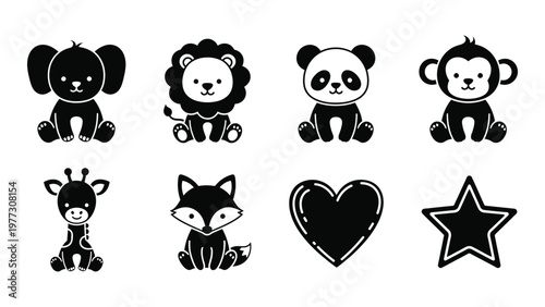 A collection of simple black and white cartoon icons featuring various animals a heart and a star high quality professional detailed
