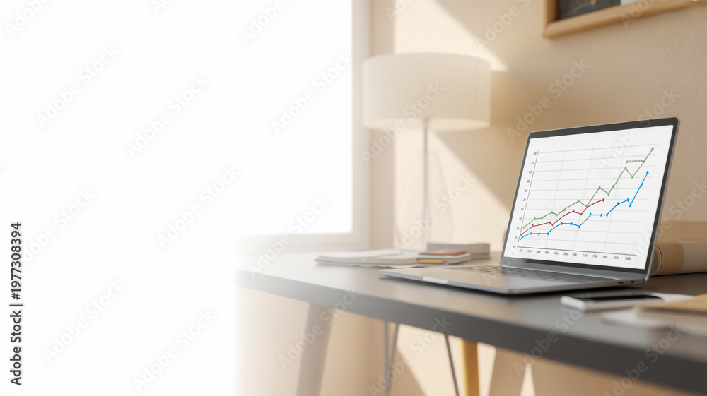 Fototapeta premium Laptop with multicolored line graph on black desk with lamp office