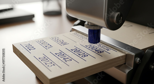 Close-up of a blue ink stamp imprinting serial numbers onto a stack of wooden planks on a desk.