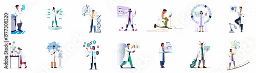 Set of diverse scientists and researchers working with futuristic technology, biotechnology, data analysis, and advanced scientific tools in a modern lab environment.