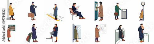 Collection of flat vector characters in winter clothing commuting and waiting at a train or subway station platform.