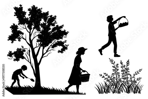 A black silhouette illustration of people picking fruit in a garden with trees and grass