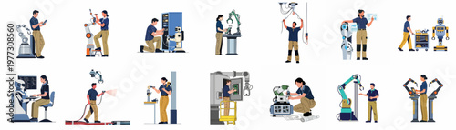 Vector illustration set of engineers and technicians operating, programming, and repairing various industrial robots in a modern manufacturing facility.