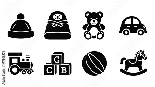 A collection of black silhouette icons depicting various baby and toddler toys including a ball car and rocking horse high quality
