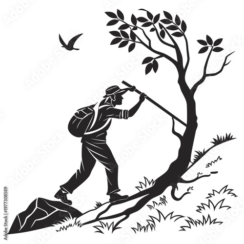 A black and white vector graphic illustration of a man hiking with a backpack and walking stick