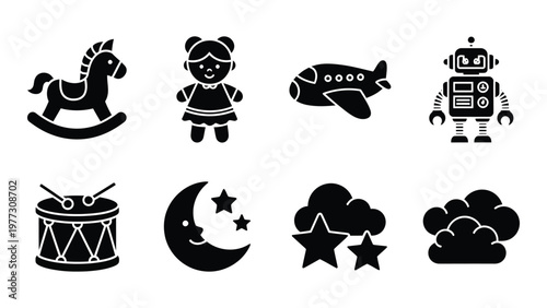 A collection of black silhouette icons depicts classic childhood toys including a rocking horse doll plane and robot high quality professional
