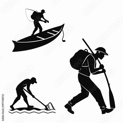 A set of black silhouette illustrations depicting a man engaging in outdoor activities such as fishing and hiking