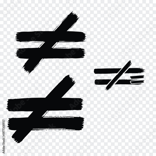 Three hand drawn black ink not equal symbols isolated on a transparent checkerboard background.