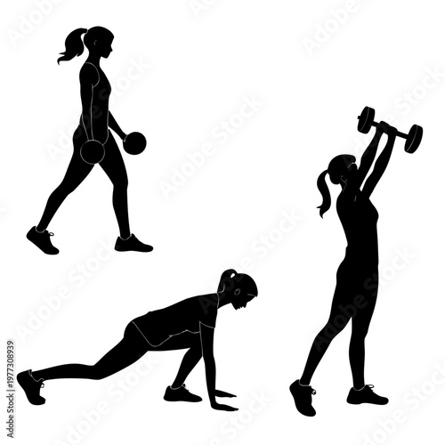 A set of black silhouette illustrations of a woman engaging in various fitness exercises with dumbbells
