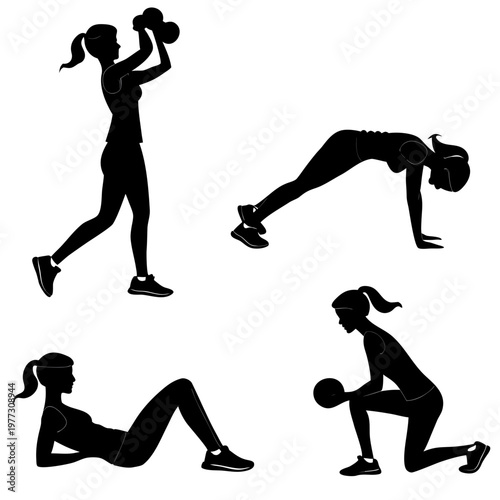 A set of four black silhouette illustrations of a woman engaging in various fitness exercises with dumbbells
