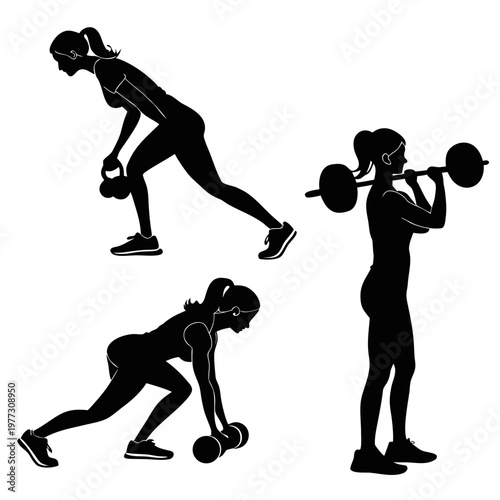 A fit woman engaging in various exercises with dumbbells and a barbell in a vector graphic illustration
