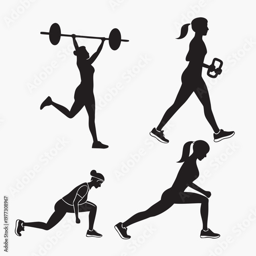 A set of four black silhouette illustrations of women engaging in various fitness exercises with dumbbells and barbells