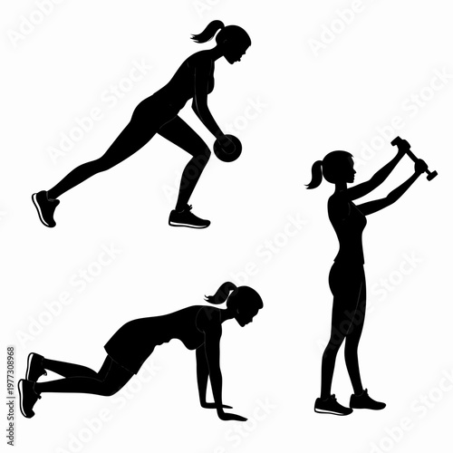 A fit woman engaging in various exercises with dumbbells and a medicine ball in a vector graphic