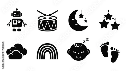 A collection of black and white icons depicts childhood themes including robots drums sleep and playful imagery high quality professional detailed