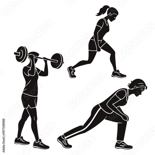 A set of three black silhouette fitness icons featuring people exercising with weights and bodyweight