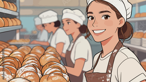 Smiling Female Baker in Busy Bakery with Fresh Bread