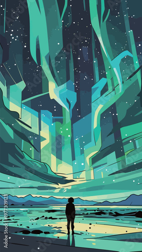 Silhouette Person Under Abstract Northern Lights