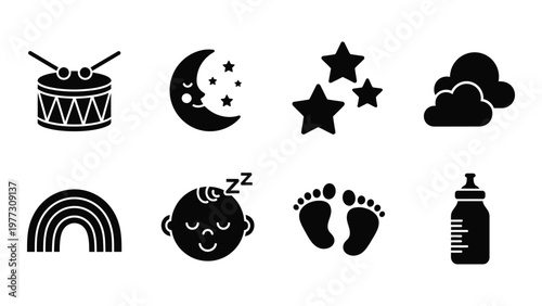A collection of black silhouette icons depicting baby related items like a drum moon stars and a sleeping infant high quality