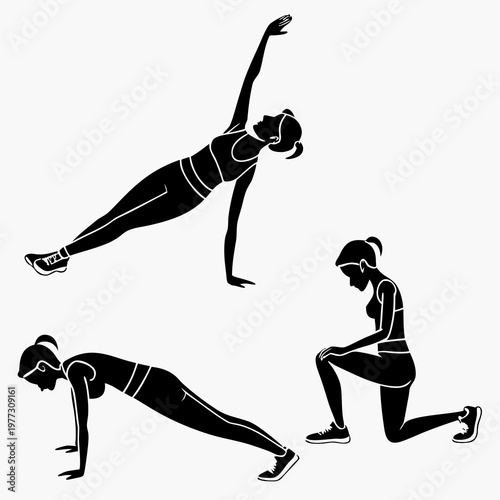 A fit woman performing various exercises in a modern fitness routine with a vector graphic design