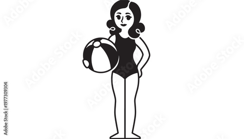 Woman in swimsuit holding a beach ball with a vintage curly hairstyle, stylized black and white graphic icon.