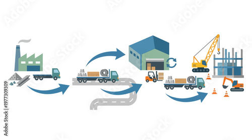 Industrial Supply Chain Flow Chart Illustration: From Factory Production and Warehouse Storage to Construction Site Delivery via Transport Trucks and Heavy Equipment