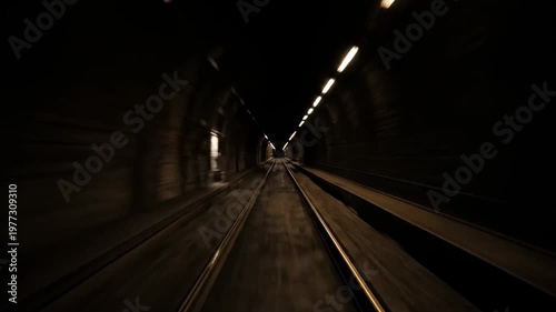 Inside a dark, long tunnel with lights overhead, showing railroad tracks