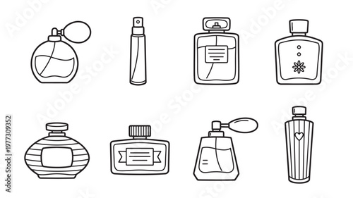 Perfume bottles set with various classic and modern designs, including spray bottles and atomizers. featuring fragrance, bottle, collection with