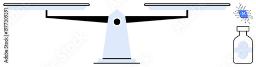 Technology vs medicine, healthcare innovation, AI in healthcare, digital balance, pharmaceutical advancements, ethical tech use. A scale with a microchip and medicine bottle. Technology