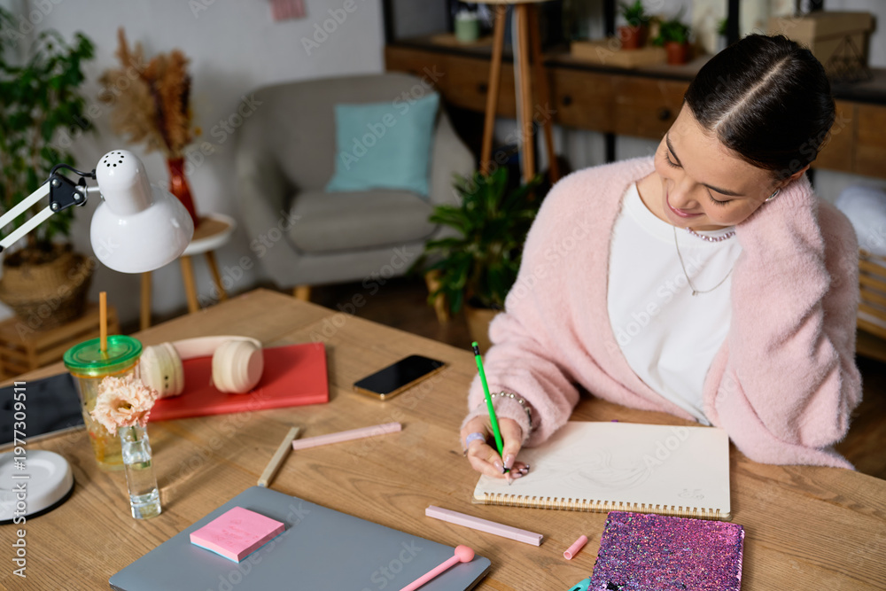 Naklejka premium Creative teenage girl drawing in her stylish modern room filled with cozy vibes