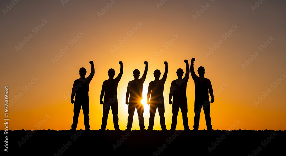 Fototapeta premium Silhouette of six people with raised fists against a vibrant orange sunset sky, symbolizing unity and triumph.
