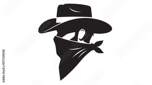 Cowboy silhouette with hat and bandana covering face, representing mystery and outlaw persona in a minimalist style.