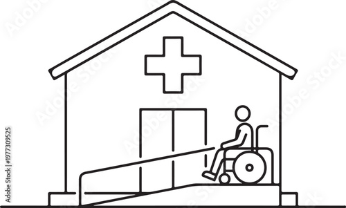 Hospital building entrance with wheelchair ramp access and a cross symbol