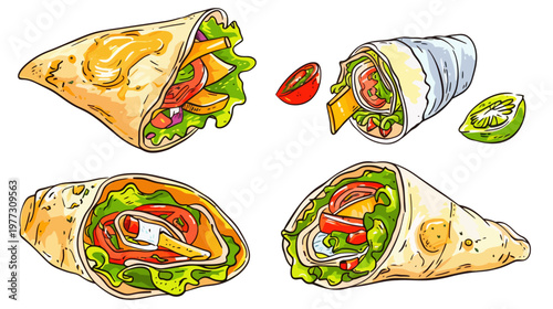 Colorful illustration featuring four delicious wraps with various fillings, on white