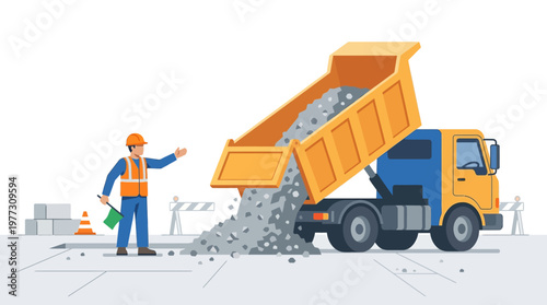 Vector Illustration of a Yellow Dump Truck Unloading Gravel at a Construction Site with a Worker Directing Operations