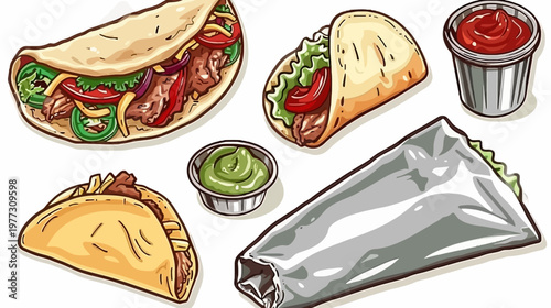 Colorful cartoon illustration of various Mexican food items on a white background
