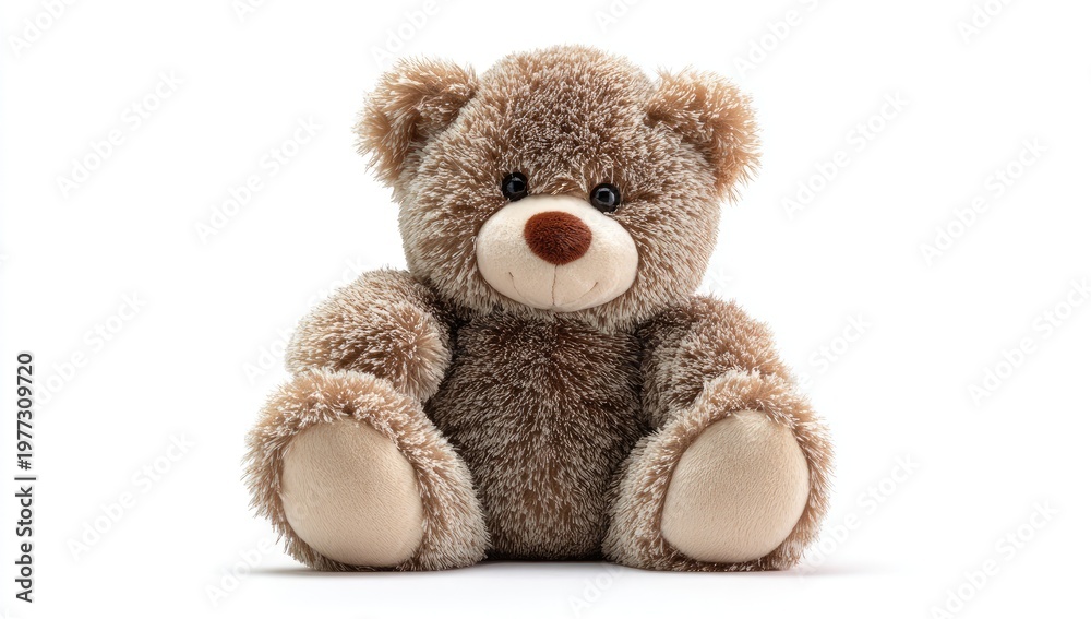Obraz premium Fluffy brown teddy bear with button eyes and a stitched nose on white