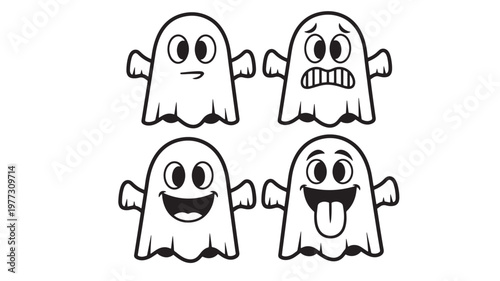 Four cartoon ghosts with varied facial expressions including happy, scared, mischievous, and confused with black outlines on a white background.