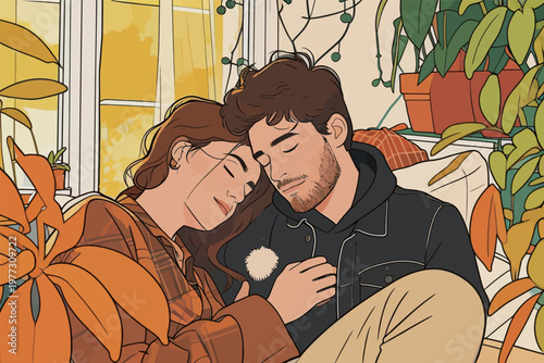 Couple cuddling in cozy indoor space with plants