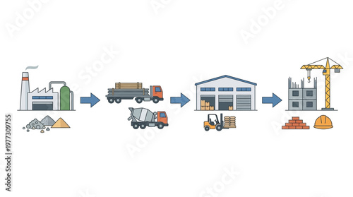 Construction Supply Chain Infographic Showing Building Material Logistics from Factory to Site