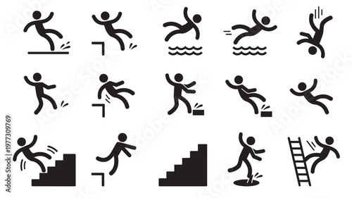 Silhouettes of people falling in various situations like slipping, tripping, falling down stairs, and off ladders