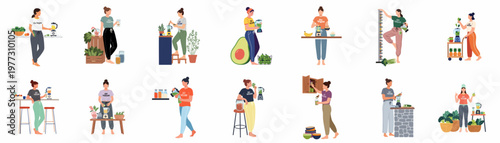 A collection of flat illustrations of women preparing healthy plant-based meals and smoothies, promoting a vegan lifestyle and wellness.