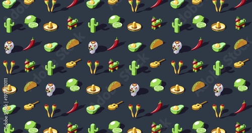 Cinco de Mayo themed seamless background animation of colorful isometric icons