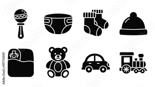 A collection of simple black silhouette icons representing various baby essentials and childhood objects high quality professional detailed modern elegant stylish