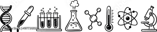 science and laboratory research icon set, hand drawn doodle elements of chemistry equipment, dna and microscope on transparent background
