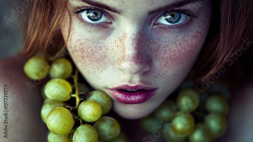 Close-up portrait of a freckled woman with grapes