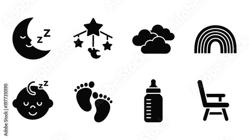 A collection of black silhouette icons depicts baby related imagery including dreams sleep and nursery items high quality professional detailed modern