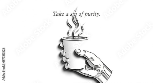 Hand holding steaming cup with the phrase 